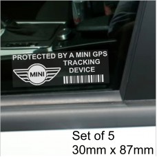 5 x Mini GPS Tracking Device Security WINDOW Stickers 87x30mm-Clubman,Mk I,II,Cooper,Hatch,Countryman,Moke-Car,Van Alarm Tracker